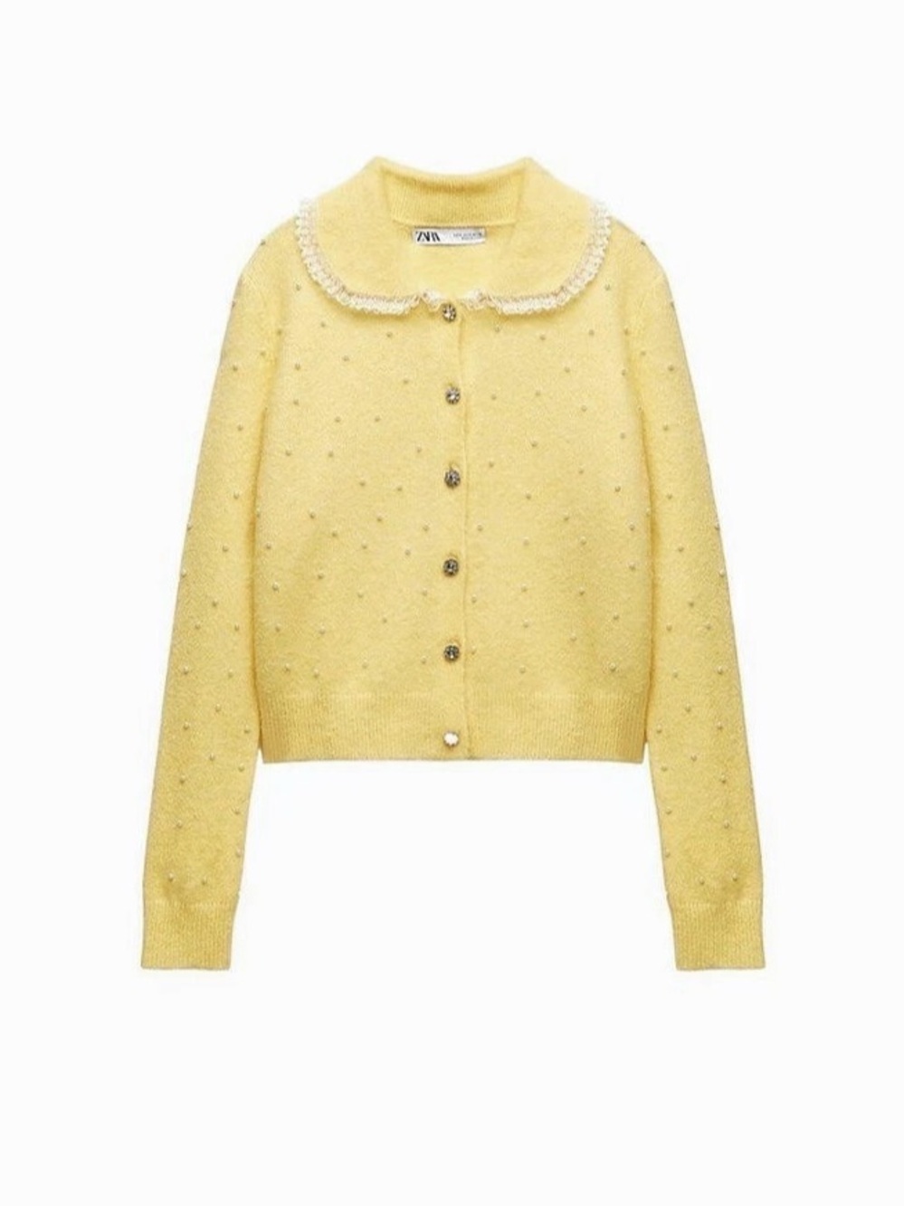 Zara Knit Cardigan with Faux Pearl Appliques Yellow SZ SM